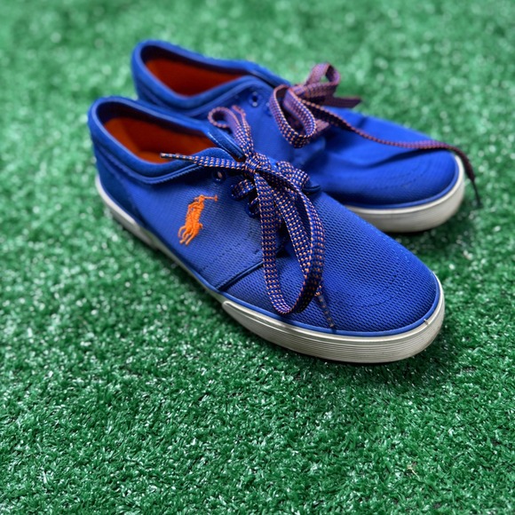 Polo Ralph Lauren Faxon Low Mens Blue Canvas Orange Logo Sneakers Shoes - Picture 2 of 7
